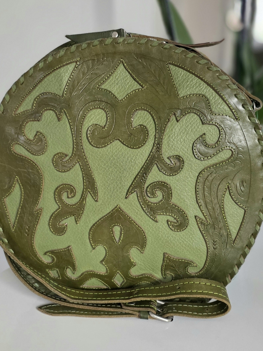 Leaders In Leather Green Hand Tooled Leather Round Crossbody Bag